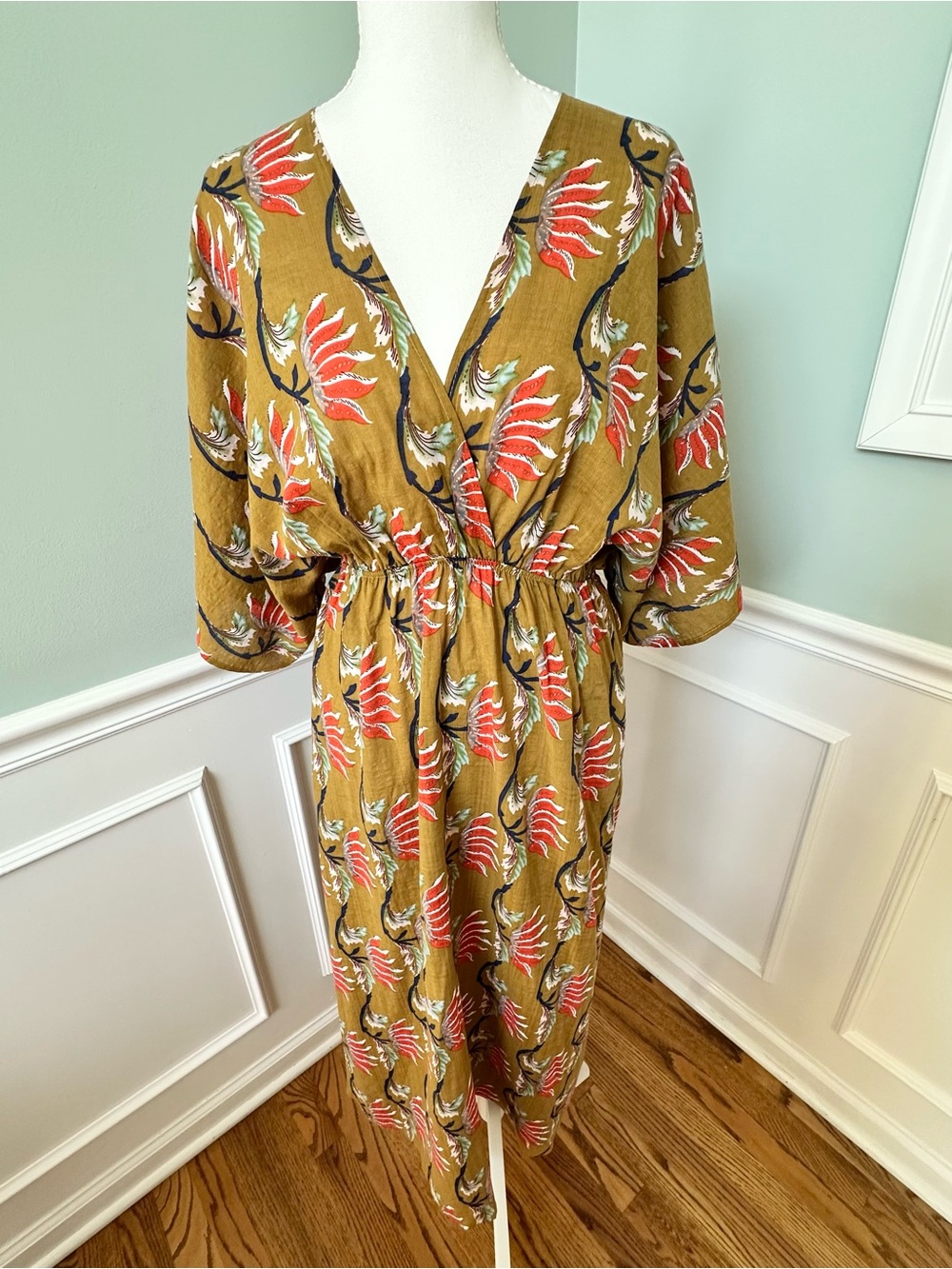 BUCKETLIST Mustard Floral Tropical Kimono Dolman Sleeve Maxi Dress Size S EUC